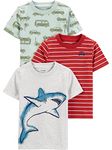 Simple Joys by Carter's Baby Boys' 3-Pack Short-Sleeve Tee Shirts, Light Green Cars/Red Stripe/White Shark, 12 Months