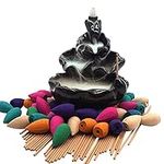 Ceramic Waterfall Incense Burner Set with 40 Pcs Cones and 50 Pcs Incense Sticks Handcraft Lotus Pond Censer for Home Aromatherapy