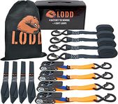 LODD - 4 ratchet straps 4 m x 25 mm, resistance 800kg. Secure and plastic-coated hooks and 4 soft loops. EN12195-2. Ideal for securing and transporting motorcycles, trailers, quads, bikes