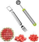 ZLMC 2-in-1 Watermelon Fork Slicer,Portable Stainless steel Watermelon Slicer with Melon Baller Scoop Extra,Dual Head Stainless Steel Fruit Forks Slicer Knife for Family Parties Camping(2PCS)