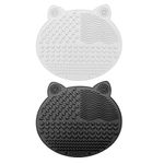 2Pack Makeup Brush Cleaning Mat, Cute Cat Ear Animal Design Silicone Brush Cleaner Pad with Suction Cups (Black+White)