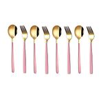 YELONA Set of 8 Premium Gold Titanium Plated Stainless Steel Cutlery, Flatware & Tableware (Contains: 4 Master Spoons, 4 Master Forks) - (Golden & Fucia Pink)