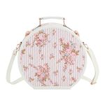 7998 Handmade Round Hat Box, Vintage Carry on Suitcase, Faux Leather Cosmetic Train Bag, pink floral, Vintage