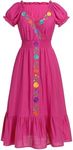 IMEKIS Women Mexican Fiesta Dress Summer Floral Embroidered Traditional Ethnic Wear Beach Holiday Party Long Maxi Gown, Hot Pink, X-Large