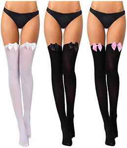 3 Pairs Women Thigh High Socks with Bow Knee Thigh Highs Stockings for Women Girls Dress Daily Summer Favors, Black With Black Bow, Black With Pink Bow, White With White Bow, Medium