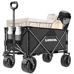 LUXCOL Collapsible Folding Wagon, Heavy Duty Utility Beach Wagon Cart for Sand with Big Wheels, Adjustable Handle&Drink Holders for Shopping, Camping,Garden and Outdoor