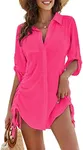 Blooming Jelly Womens Bathing Suit Cover Ups Bikini Swimsuit Coverup Drawstring Button Down Beach Dress Shirt(Small, Rose Red)