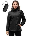 33,000ft Women's Lightweight Rain Jackets Hooded Breathable Packable Running Raincoats Active Trench Windbreaker with Hideaway Hood for Cycling Hiking (Black-L/UK 14)