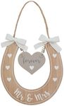 Wedding Horseshoe Gift - 'Mr & Mrs' with 'Forever' Hanging Love Heart - Wooden Horseshoe - Good Luck Gift Decorated with White Hearts & Bow Ribbons