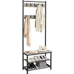 Yaheetech Industrial Coat Rack Stand with Shoe Rack, Free Standing Hall Tree with Shoes Storage Bench, 9 Movable Hooks & 3-tier Open Shelves, Metal Frame,73x33x185cm, Grey