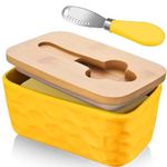 Ceramic Butter Dish with Lid and Knife Porcelain Butter Container with Butter Cutter Butter Knife Easy Spread Kitchen Accessories Tableware (Yellow)