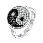 Ladies Designer 925 Sterling Silver Yin Yang Ring - Set With Cubic Zirconia Crystals - Spiritual Boho Style - Adjustable Size - With Jewellery Gift Box. (Yin Yang Ring)