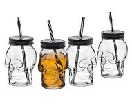 Skull Mason Jar Mug Glass Tumbler Glass Cups with Cover and Straw, Halloween Decor, Drinking Glasses - 16oz, Set of 4