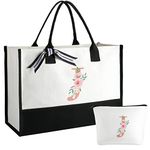 Floral Ini-tial Personalized Gifts, Mom Christmas Birthday Gifts, Large Mono-gram Can-vas Tote Bag for Women, Teacher Gifts, Grandma Gifts, Bride Gifts w Makeup Bag, Inner Pocket, Gift Box and Card J