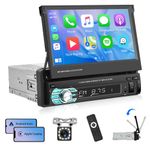 Single Din Touch Screen Car Stereo with Carplay, Rimoody 1 DIN 7 Inch Flip Out Bluetooth Car Radio FM Radio TF/USB/AUX Mirror Link Android Auto Car MP5 Player + Backup Camera