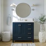 ARIEL Cambridge 37 Inch Midnight Blue Vanity with Sink, Solid Wood, White Quartz Countertop, 1.5- Inch Edge, Left Rectangular Undermount Sink, 2 Soft Closing Doors, 5 Drawers, Brushed Nickel