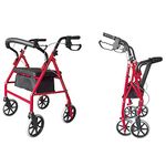 Folding Four Wheel Rollator, Lightweight Mobility Walker with Seat & Carry Bag, Mobility Aid for Elderly Disabled (Red)