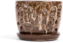 rePotme Orchid Pot - 5 inch Floral Cutout Ceramic Orchid Pot with Holes (Creamy Chestnut) - Includes 5 inch Slotted Pot Liner