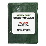 Green Tarpaulin - 90gsm Thick - Waterproof, Weatherproof, Frost-Resistant, UV Protection, Universal, Multipurpose, Groundsheet, Camping, Boating, Hiking, Heavy Duty Sheet (6m x 10m)