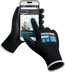 KAYGO Safety Work Gloves PU Coated for Men and Women- KG11PB,60 Pairs,Seamless Knit Glove with Two Fingers Touchscreen,Ideal for General Duty Work (XL,Black)