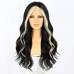 Sapphirewigs Black Lace Front Wig Highlight Synthetic Wigs for Women Wavy Wigs 13x3 Cosplay Party Daily Wear Halloween Heat Resistant Wig 24inch