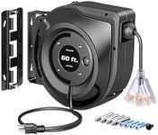 DEWENWILS Retractable Extension Cord Reel, 60FT Retractable Cord Reel, 12AWG/3C SJTOW, Lighted Triple Tap Outlets, 15A Circuit Breaker, Wall/Ceiling Mounted Heavy Duty Power Cord