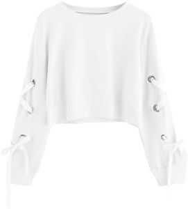 SweatyRocks Women's Casual Lace Up Long Sleeve Pullover Crop Top Sweatshirt White X-Large