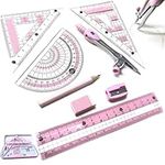 Maths Set, Geometry Sets - Protractor and Compass Set Square with Eraser Pencil Sharpener Ruler Math Geometry Tool Set, Drawing Compass Math Geometry Kit Back to School Stationery Set for Girls (Pink)