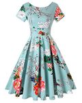 MINTLIMIT Women's Elegant Cocktail Short Sleeve Midi Dress Round Neck Vintage Dress (Floral Light Blue,Size S)