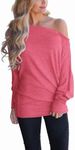 Lacozy Long Sleeve Sweatshirt for Women Fashion Off The Shoulder Tops Pullover Sweaters Batwing Tunic Watermelon Red Size Medium