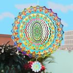 Mandala Wind Spinner 12Inch 3D Stainless Steel Garden Sculpture Yard Garden Decor for Indoor Outdoor Metal Wind Chimes Kinetic Yard Art Decorations -Dazzling Color