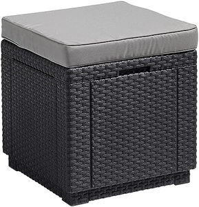Keter Outdoor Garden Storage Seat Stool with Cushion, Graphite with Grey Cushion