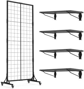 HUHOLE Grid Wall Panels + Gridwall Shelves 4 Pack, 2.2' × 5.2' Ft Movable Grid Wall Panel Display Stand, Heavy-Duty Floorstanding Gridwall with Extra 12 Hooks
