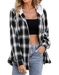 LACOZY Women Button Down Oversized Hoodie Casual Flannel Shirts Buffalo Plaid Print Loose Fit Blouse Tops Black L