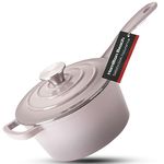 Hamilton Beach Enameled Cast Iron Sauce Pan 2-Quart Gray, Cream Enamel Coating, Pot for Stove top and Oven Cooking, Even Heat Distribution, Safe Up to 400 Degrees, Durable and Dishwasher Safe