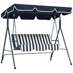 Outsunny 3-Seat Patio Swing Chair, Outdoor Porch Swing Glider with Adjustable Canopy, Removable Cushion, and Weather Resistant Steel Frame, Blue and White