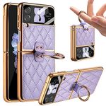 Miimall Compatible Galaxy Flip 4 Case with Ring Holder, Luxury PU Leather Diamond Pattern with Plated Frame Cover Built-in Camera Lens Screen Protector Shockproof Case for Samsung Flip 4 (Purple)