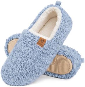 EverFoams Women’s Soft Curly Full Slippers Memory Foam Lightweight House Shoes Cozy Loafer with Polar Fleece Lining Light Blue,5-6 US