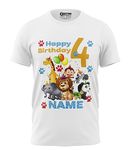 Print My Fashion Customized Personalized Birthday Boys T-Shirt Jungle Animals Theme, Regular Fit Trendy & Comfortable, Name Age Printed Graphic Cotton t Shirt for Boys (White_5-6 Years)