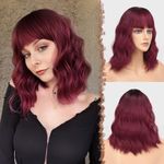 FESHFEN Wine Red Bob Wig with Bangs, Shoulder Length Wavy Wig Synthetic Burgundy Short Hair Wig for Women Party Daily Use, Ombre Wine Red 14 inch