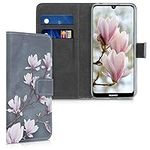 kwmobile Wallet Case Compatible with Huawei Y6 (2019) Case for Phone - Magnolias Taupe/White/Blue Grey