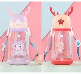 Eblooming Antlers BPA Free Reusable leak proof Silicon Transparent Water Bottle 600ml With Strap for Kids School (Pink & Purple)- Pack of 2