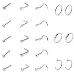 Beaute 20G Nose Rings Hoop Set Stainless Steel Nose Studs Nose Screw Nose Hoop Rings CZ Nose Piercing Jewelry for Women Men 21PCS