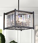 Q&S Modern Chandelier,Farmhouse Industrial Black Square Crystal Chandeliers 4 Lights Hanging Pendant Light Fixture for Dining Room Hallway Entryway Kitchen Island UL Listed