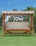 GarveeLife Wooden Patio Swing with Adjustable Canopy, 3-Seater Wood Patio Swing Bench with Removable Cushion, Patio Swing Glider with Flatbed for Backyard Garden Balcony Poolside, Khaki