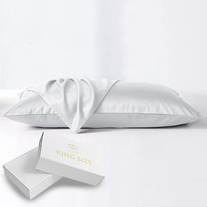 2X Luxor Crown King Size 1-Sided Genuine Mulberry Silk Pillowcases Slip Skin Face Hair Beauty Care 6A Silk Pillowcase Gift Box (White)