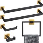 5-Piece Mattle Black and Brushed Gold Bathroom Hardware Accessories Set, Lava Odoro Bath Towel Bar Holder Set Towel Rack Set Stainless Steel Wall Mounted Bathroom Accessories Kit, 23.6 Inch