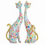 Two Cat Statues Home Decor, White Cat Sculptures 9.6-Inch with Contrast Paint, Resin Cat Statues for Bookshelf & Desktop, Decorative Cat Statue, Abstract Cat Sculptures for Home Decor