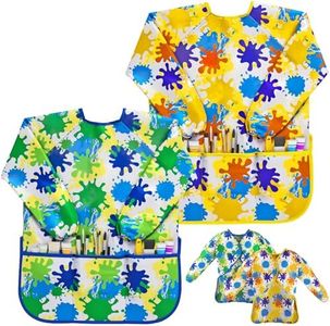 J MARK Art Smock for Kids, Painting Apron (Pack of 2) Long Sleeve and 2 Pockets for Baking, Eating, Arts & Crafts for Children Ages 2-8 - Waterproof Artist Paint Shirt Colorful