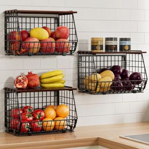 GGIU Wire Fruit Basket for Kitchen Storage: Hanging and Counter Wall Fruit Basket for Vegetable Produce - Potato and Onion Storage for Pantry 3 Pack